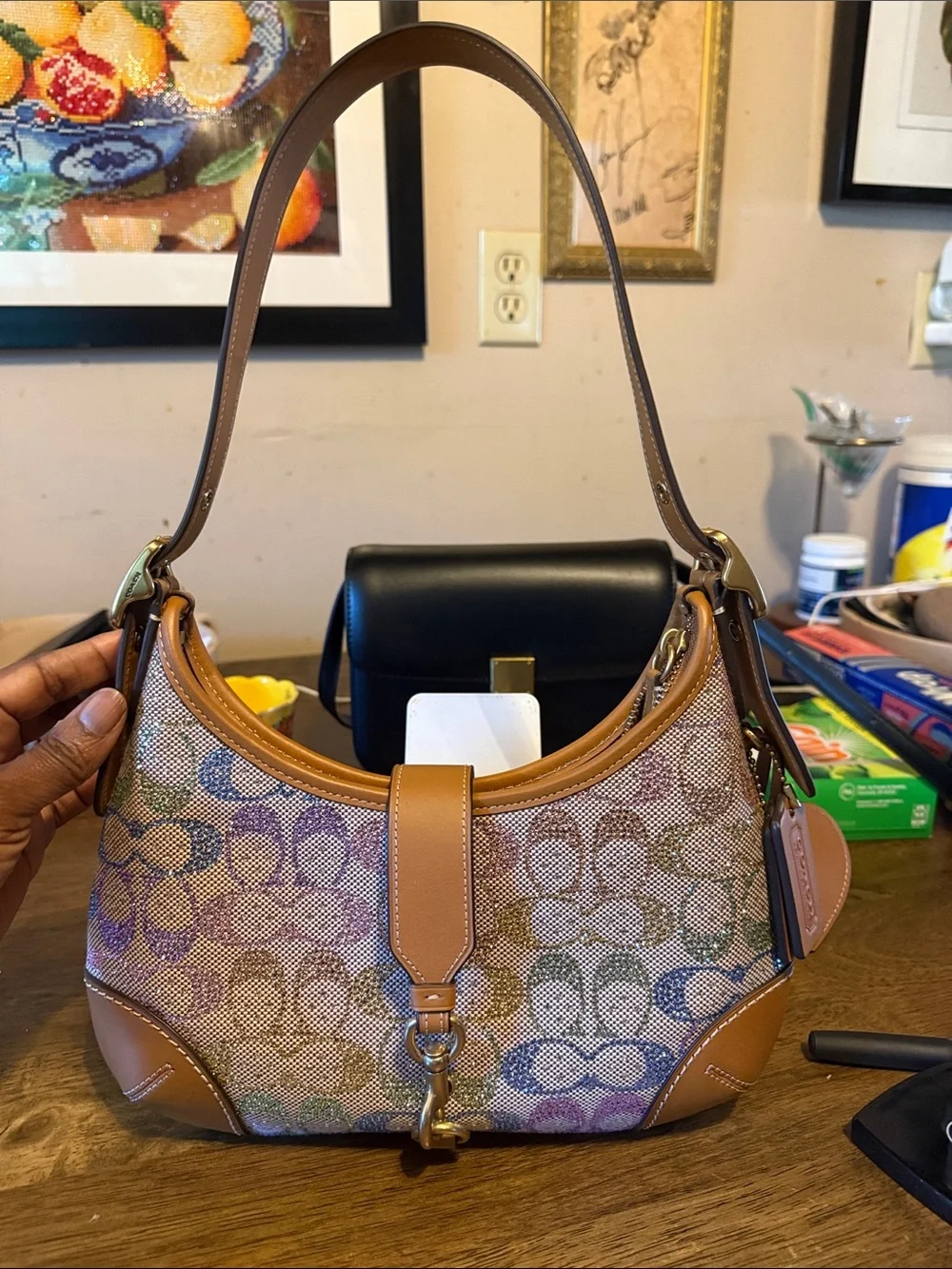 Coach Multicolor Signature Crescent Shoulder Bag with Tan Leather Trim - Picture 1 of 11